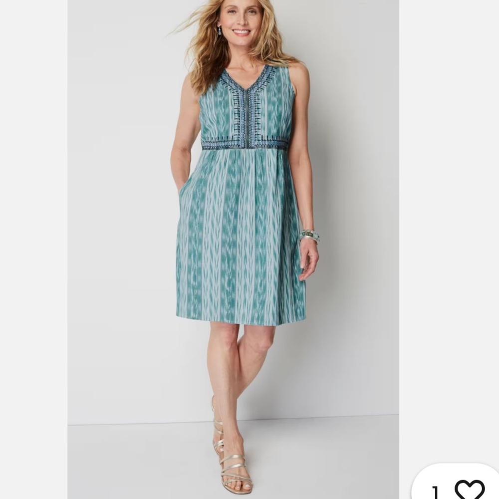 J. Jill Dress Embroidered Ikat V Neck Sleeveless Cotton Pockets Green Blue Sz S